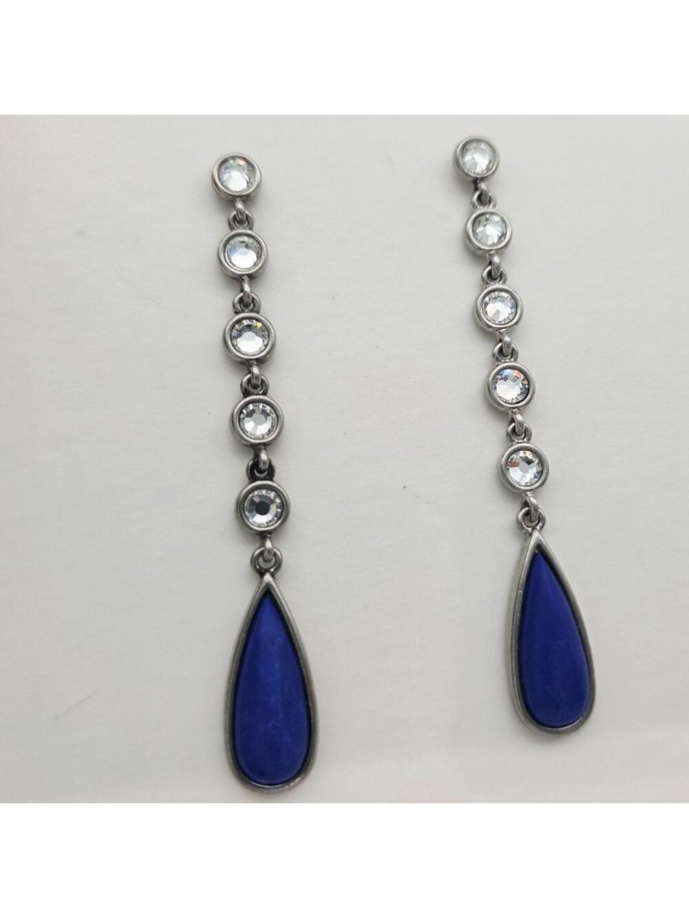 Lia Sophia Dangling Teardrop Earrings With Blue Stone & Clear Crystal Accents
